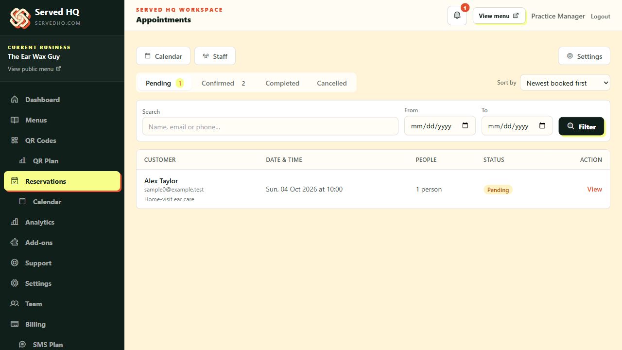 Served HQ reservation list with pending requests and confirmed appointment tabs; customer details are examples.